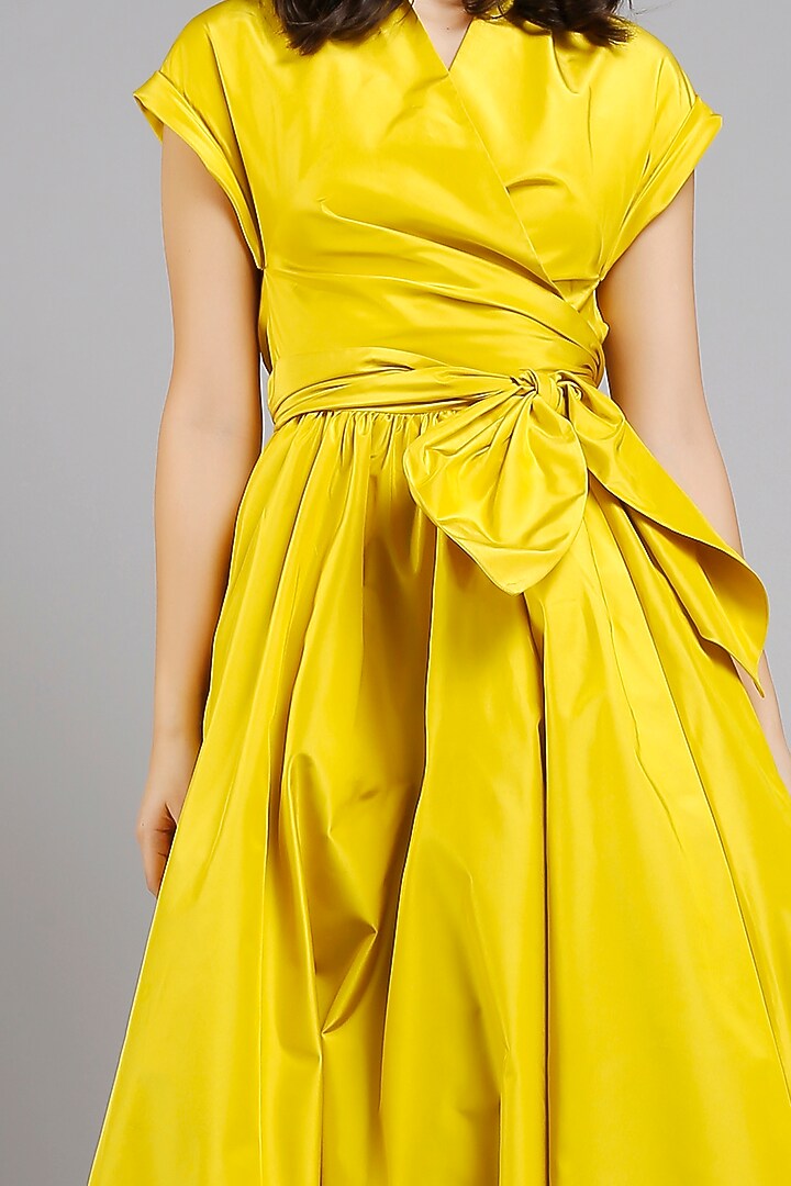 Mustard Wrap Party Wear Dress With Drop Sleeves by Gauri And Nainika at Pernia's Pop Up Shop