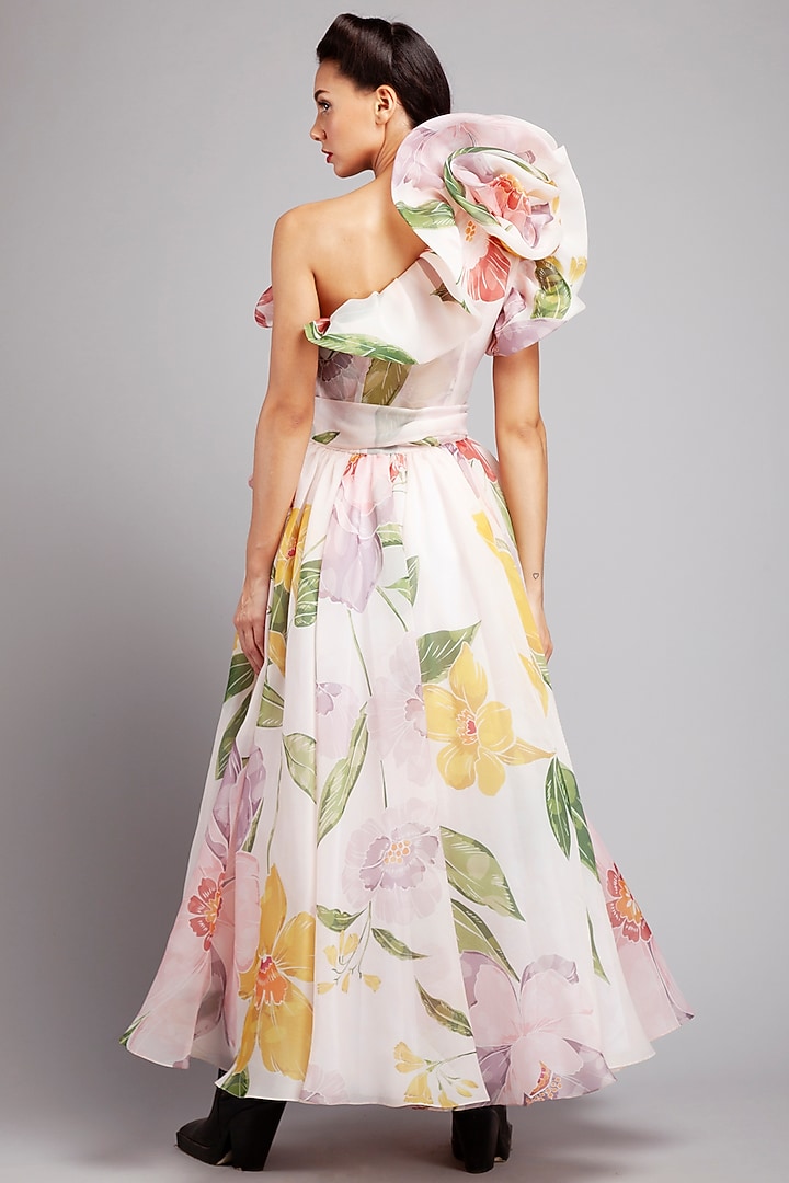 Pink Organza Floral Printed Ruffled One-Shoulder Party Wear Dress by Gauri And Nainika at Pernia's Pop Up Shop