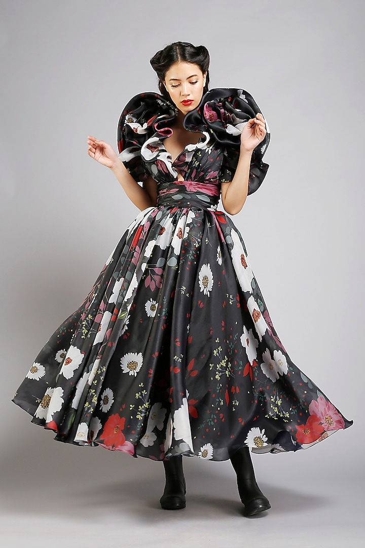 Black Floral Printed Dress by Gauri And Nainika