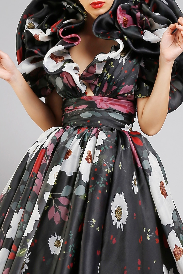 Black Organza Floral Printed Maxi Party Wear Dress by Gauri And Nainika at Pernia's Pop Up Shop