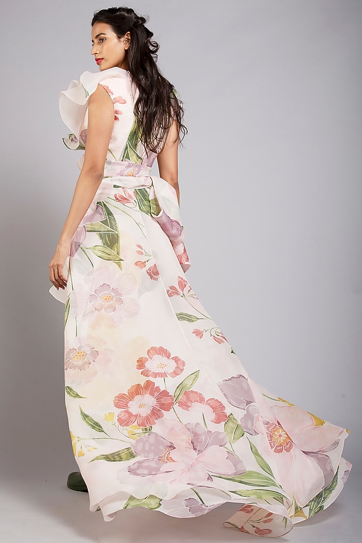 Pink Organza Floral Printed High-Low Party Wear Dress by Gauri And Nainika at Pernia's Pop Up Shop