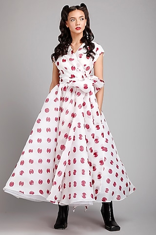White & Red Organza Polka Dot Dress by Gauri And Nainika