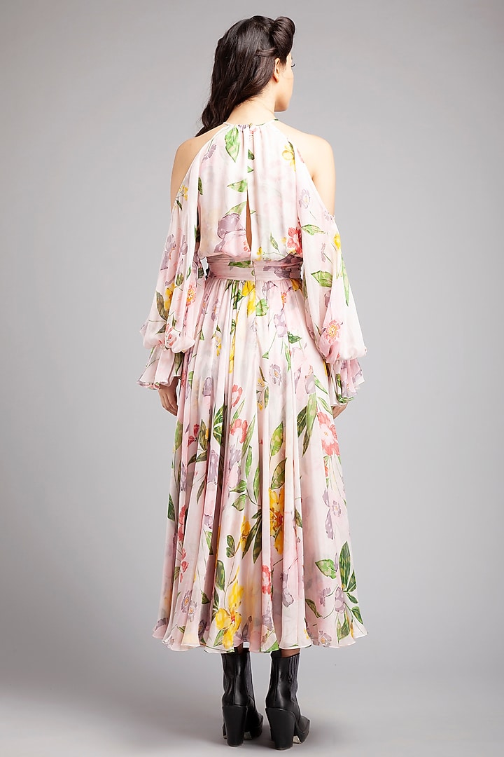 Pink Chiffon Floral Printed Midi Party Wear Dress by Gauri And Nainika at Pernia's Pop Up Shop