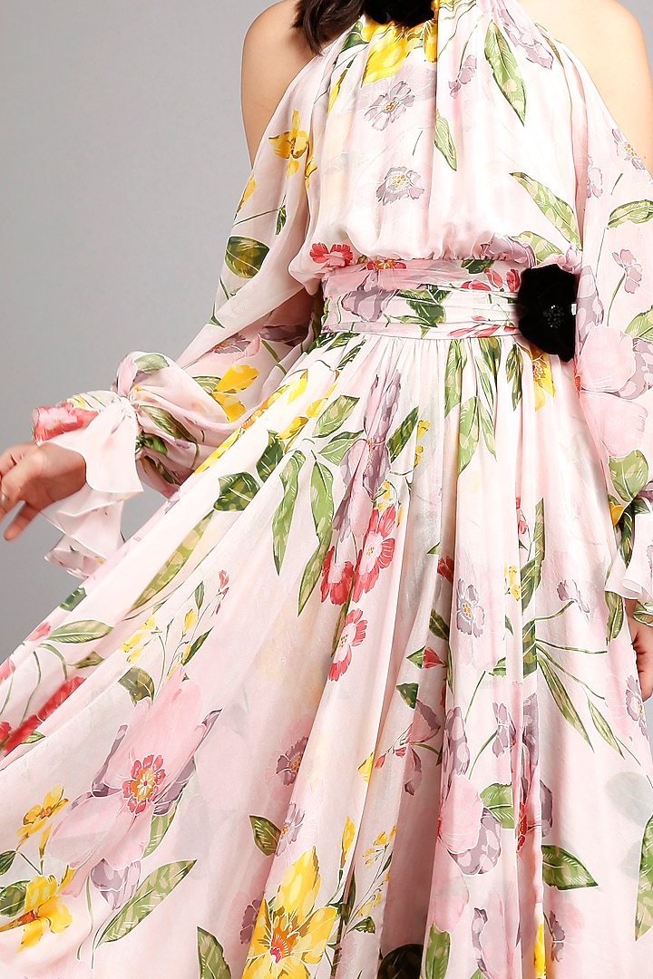 Pink Chiffon Floral Printed Midi Party Wear Dress by Gauri And Nainika at Pernia's Pop Up Shop