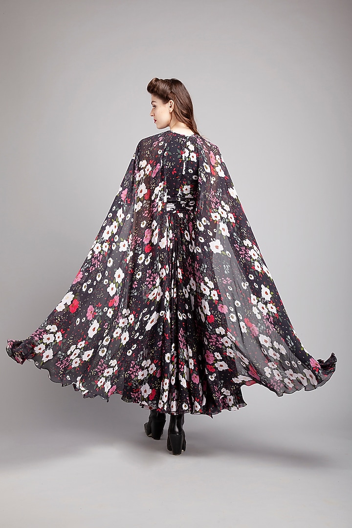 Black Chiffon Floral Printed Midi Party Wear Dress by Gauri And Nainika at Pernia's Pop Up Shop