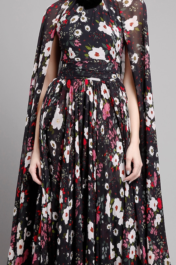 Black Chiffon Floral Printed Midi Party Wear Dress by Gauri And Nainika at Pernia's Pop Up Shop