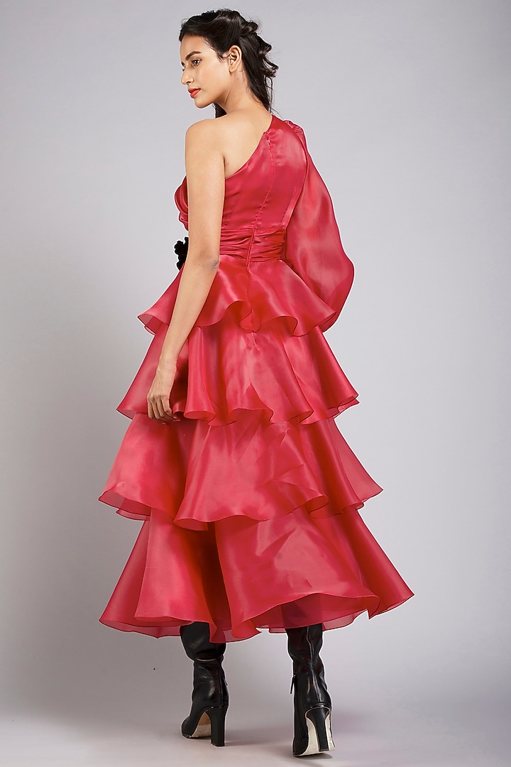Berry-Colored Organza One-Shoulder Midi Party Wear Dress by Gauri And Nainika at Pernia's Pop Up Shop