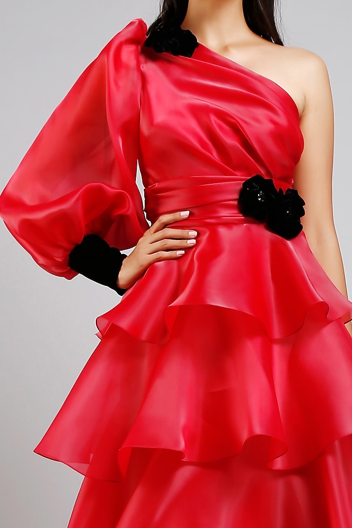 Berry-Colored Organza One-Shoulder Midi Party Wear Dress by Gauri And Nainika at Pernia's Pop Up Shop