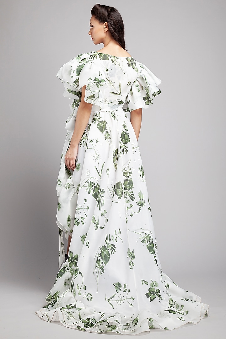 White Organza Printed High-Low Party Wear Dress by Gauri And Nainika at Pernia's Pop Up Shop