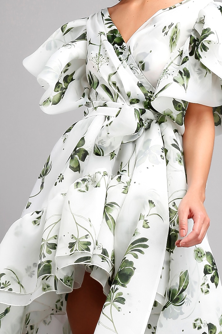 White Organza Printed High-Low Party Wear Dress by Gauri And Nainika at Pernia's Pop Up Shop
