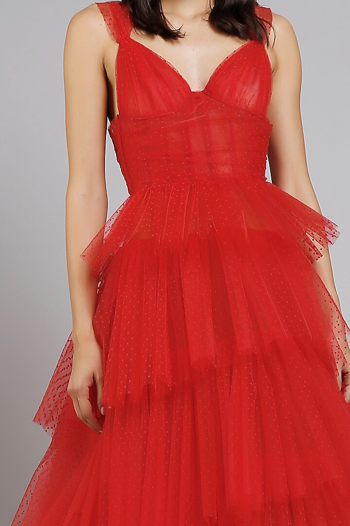 Red Corseted Dotted Net Base by Gauri And Nainika at Pernia's Pop Up Shop