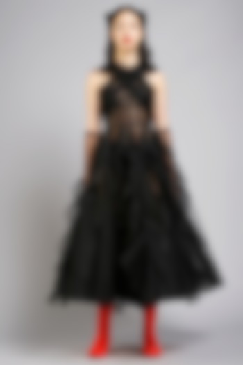 Black Corset Dotted Net Dress by Gauri And Nainika