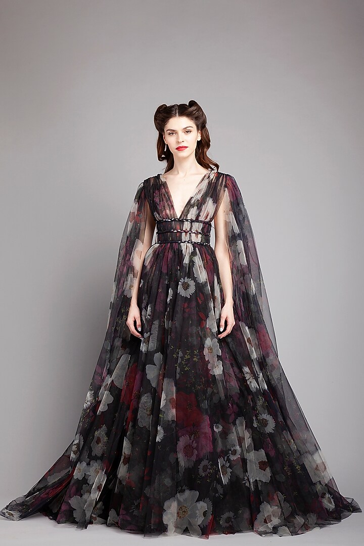 Black Floral Printed Gown by Gauri And Nainika at Pernia's Pop Up Shop