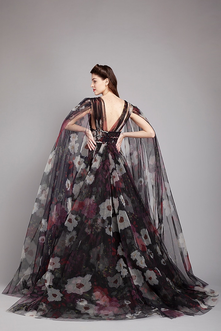 Black Floral Printed Gown by Gauri And Nainika at Pernia's Pop Up Shop