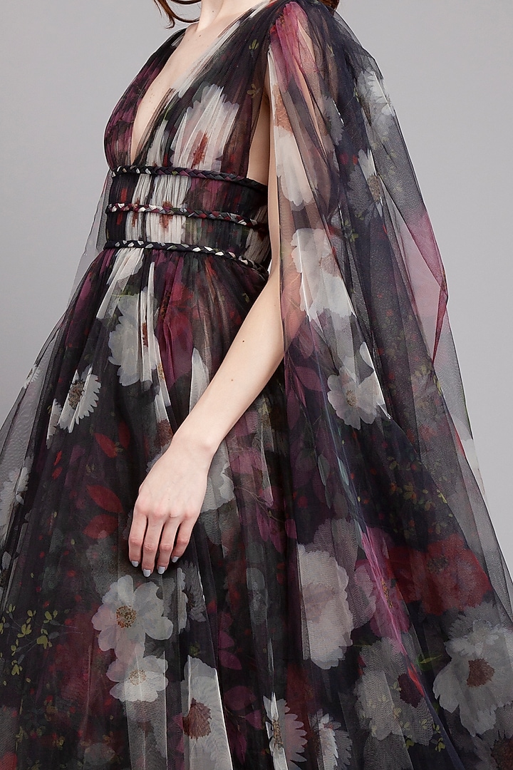 Black Floral Printed Gown by Gauri And Nainika at Pernia's Pop Up Shop
