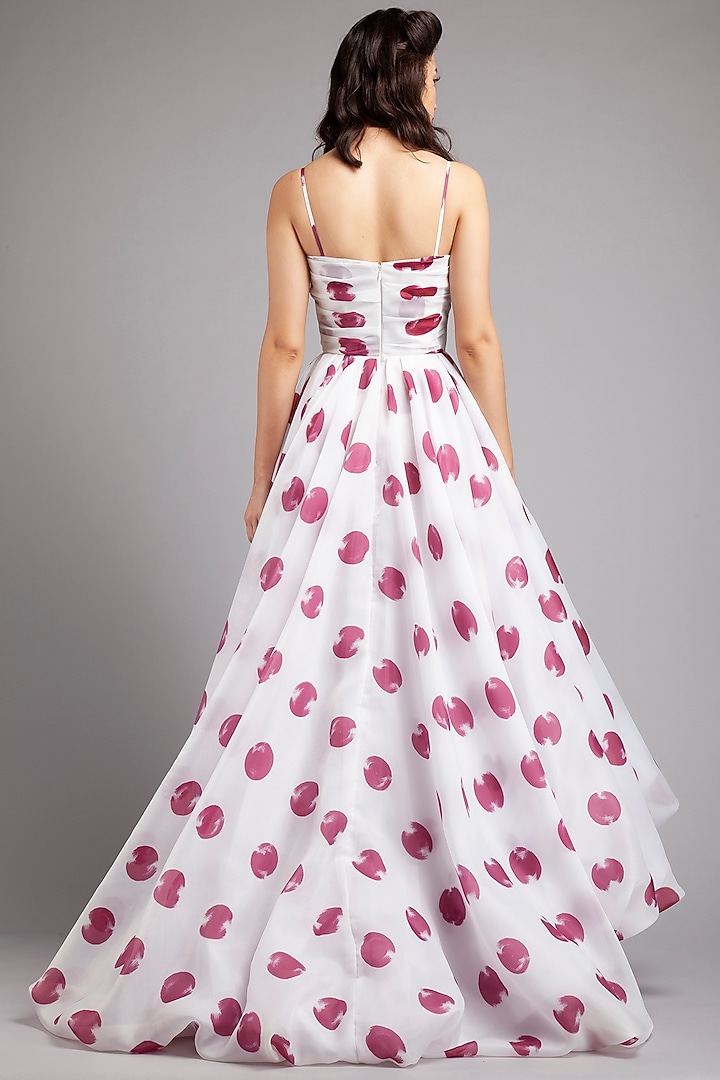 White Organza Polka Dot High-Low Corset Party Wear Dress by Gauri And Nainika at Pernia's Pop Up Shop