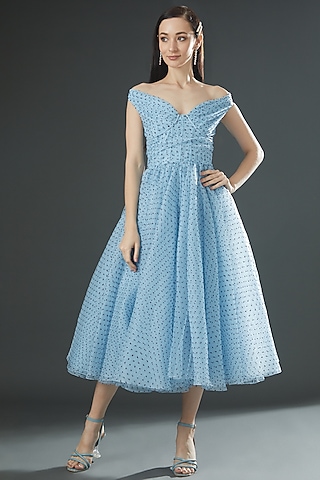 Blue Dotted Organza Off-Shoulder Midi Dress by Gauri And Nainika