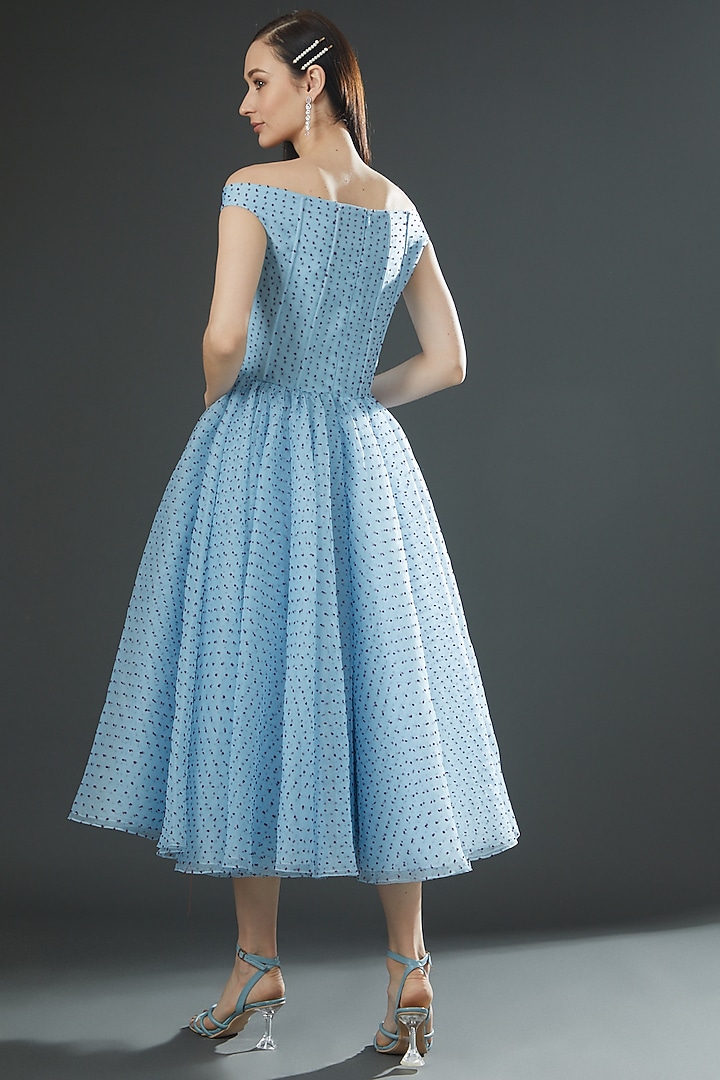 Blue Dotted Organza Off-Shoulder Midi Party Wear Dress by Gauri And Nainika at Pernia's Pop Up Shop