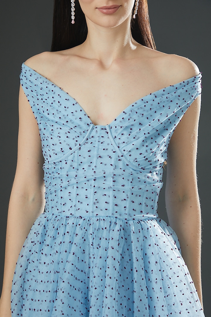 Blue Dotted Organza Off-Shoulder Midi Party Wear Dress by Gauri And Nainika at Pernia's Pop Up Shop