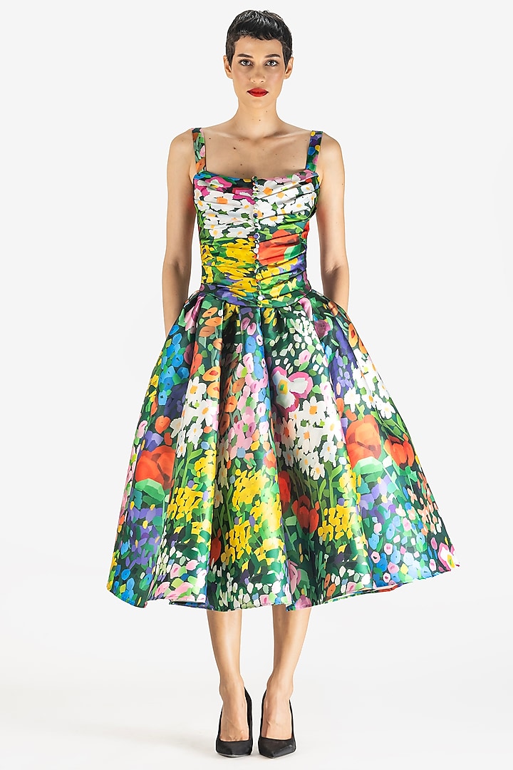 Multi-Colored Mikado Poppy Printed Midi Dress by Gauri And Nainika at Pernia's Pop Up Shop