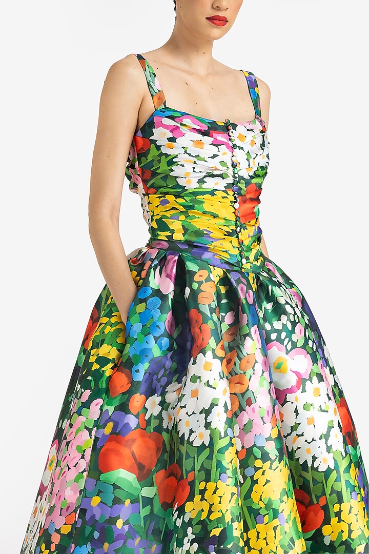 Multi-Colored Mikado Poppy Printed Midi Party Wear Dress by Gauri And Nainika at Pernia's Pop Up Shop