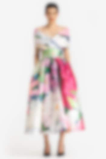 Multi-Colored Mikado Dahlia Printed Midi Dress by Gauri And Nainika at Pernia's Pop Up Shop