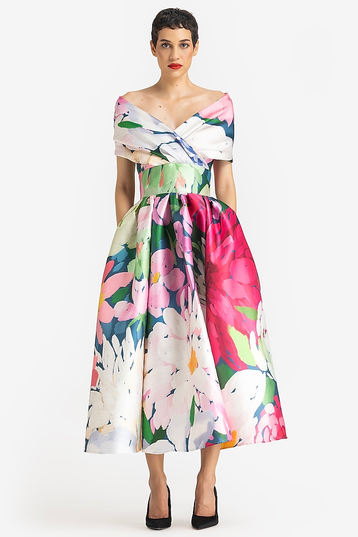 Multi-Colored Mikado Dahlia Printed Midi Dress by Gauri And Nainika at Pernia's Pop Up Shop