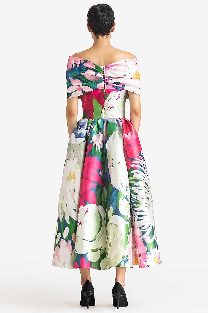 Multi-Colored Mikado Dahlia Printed Midi Party Wear Dress by Gauri And Nainika at Pernia's Pop Up Shop