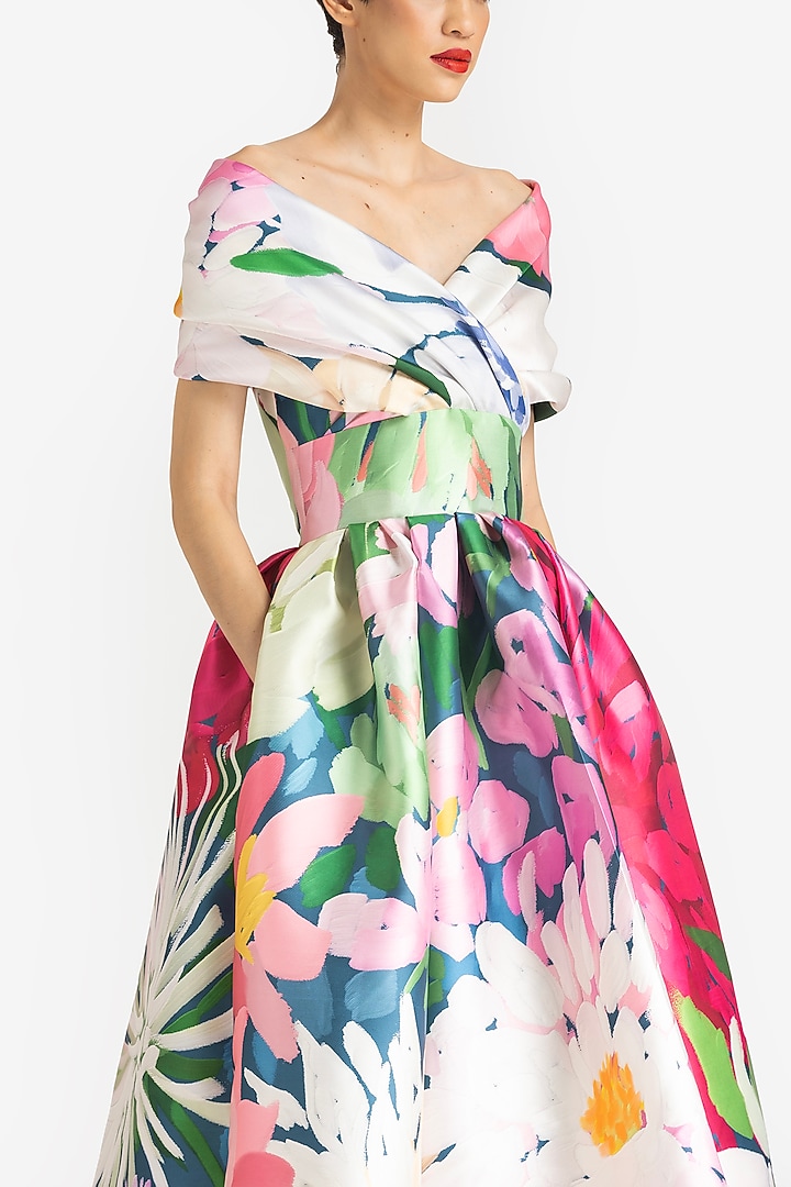Multi-Colored Mikado Dahlia Printed Midi Party Wear Dress by Gauri And Nainika at Pernia's Pop Up Shop