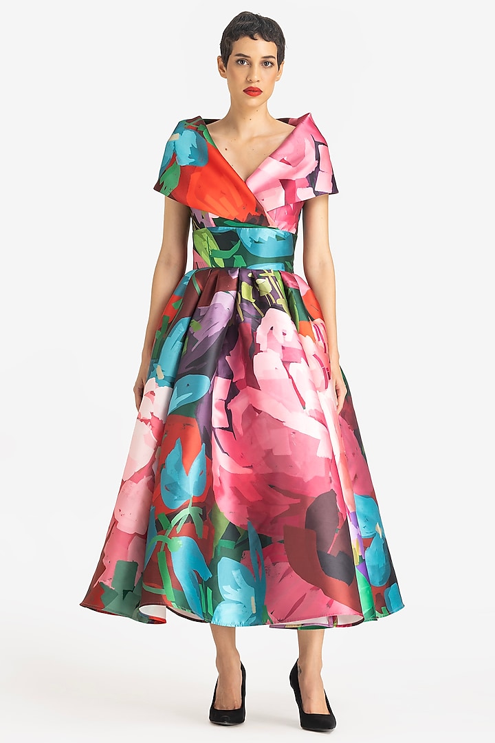 Pink Mikado Printed Midi Dress by Gauri And Nainika at Pernia's Pop Up Shop