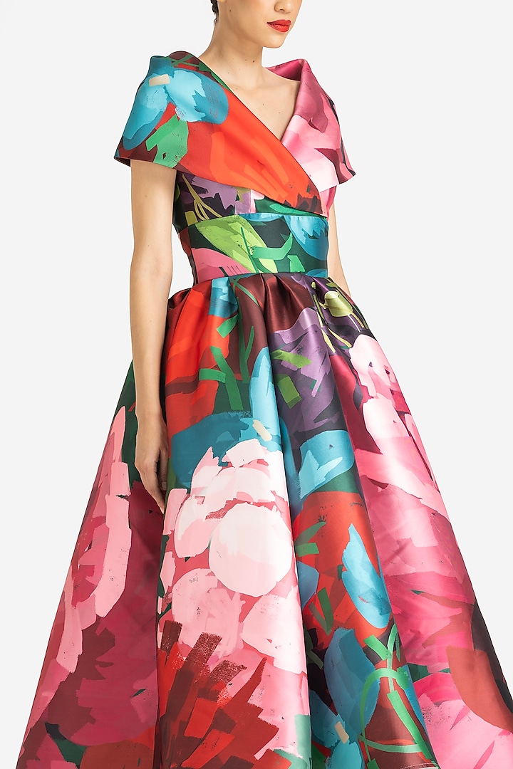 Pink Mikado Printed Midi Party Wear Dress by Gauri And Nainika at Pernia's Pop Up Shop