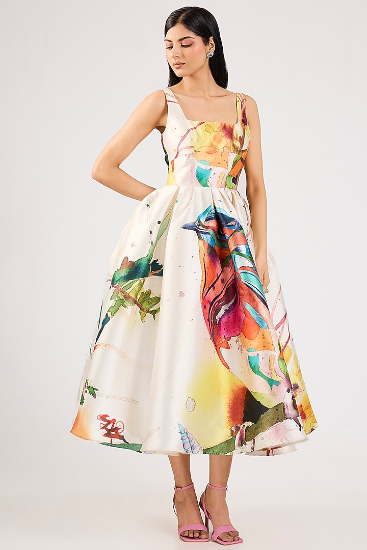 Ivory Mikado Printed Midi Party Wear Dress by Gauri And Nainika at Pernia's Pop Up Shop