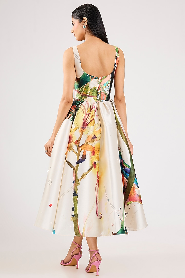 Ivory Mikado Printed Midi Party Wear Dress by Gauri And Nainika at Pernia's Pop Up Shop