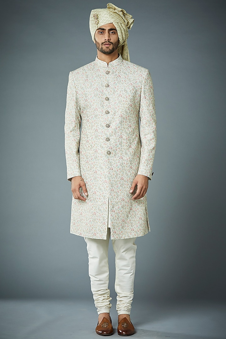 Pastel Mint Embroidered Sherwani Set by Gargee Designers