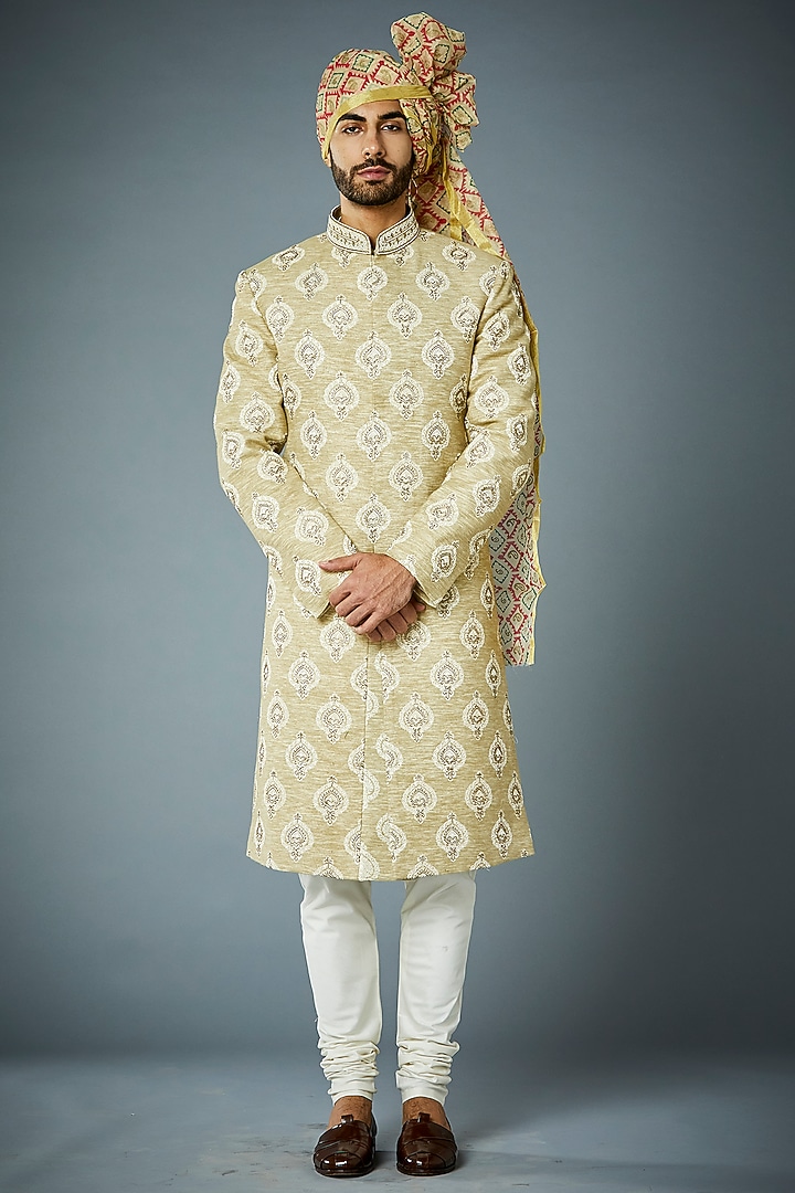 Beige Poly Viscose Jacquard Hand Embroidered Wedding Sherwani Set by Gargee Designers at Pernia's Pop Up Shop