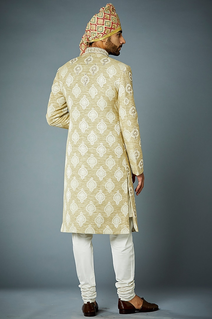 Beige Poly Viscose Jacquard Hand Embroidered Wedding Sherwani Set by Gargee Designers at Pernia's Pop Up Shop