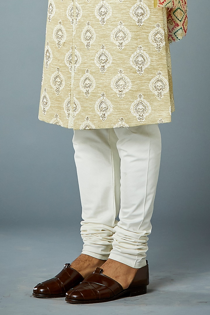 Beige Poly Viscose Jacquard Hand Embroidered Wedding Sherwani Set by Gargee Designers at Pernia's Pop Up Shop