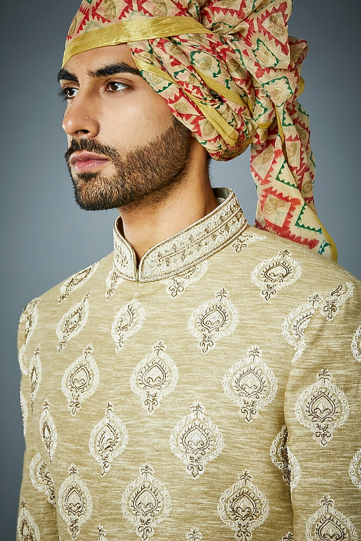 Beige Poly Viscose Jacquard Hand Embroidered Wedding Sherwani Set by Gargee Designers at Pernia's Pop Up Shop