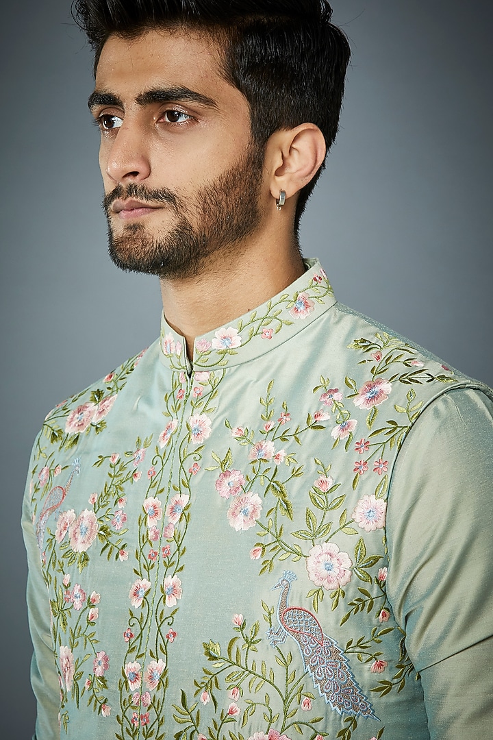 Mint Embroidered Bundi Jacket With Kurta Set by Gargee Designers at Pernia's Pop Up Shop