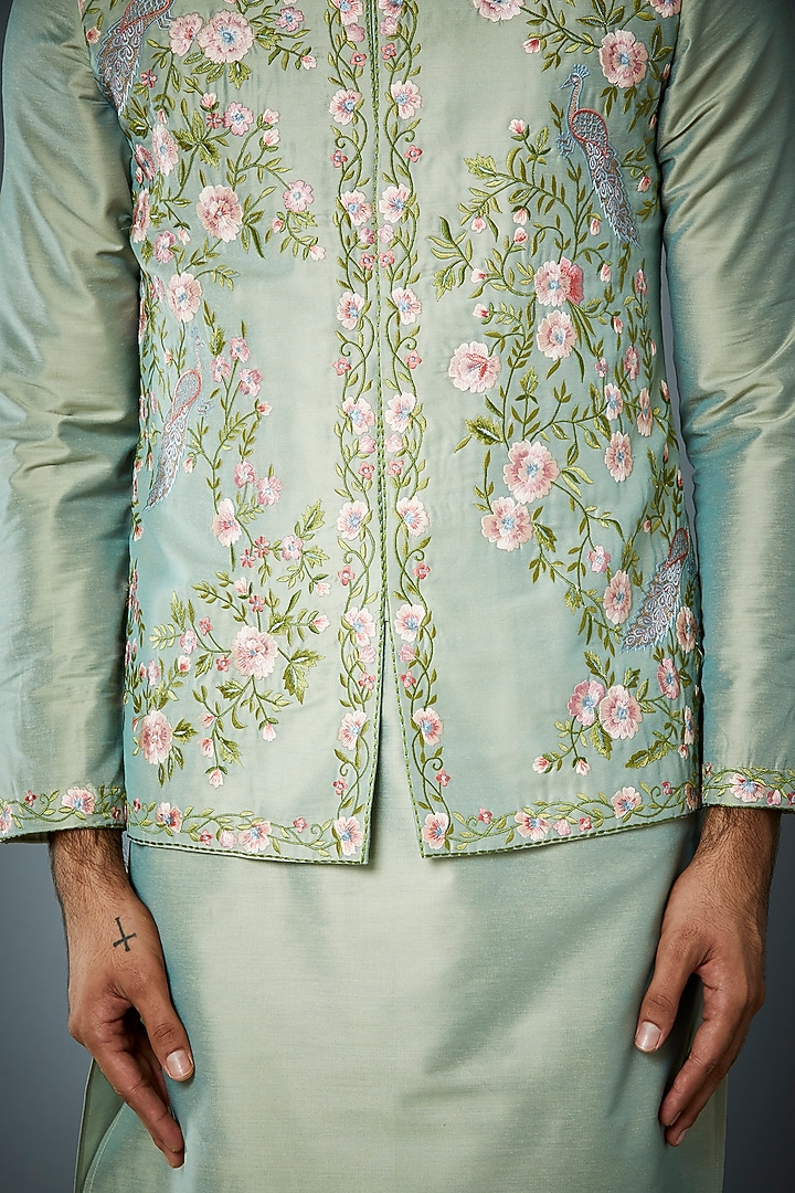 Mint Embroidered Bundi Jacket With Kurta Set by Gargee Designers at Pernia's Pop Up Shop