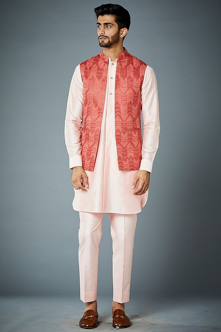 Red Embroidered Linen Indowestern Jacket Set by Gargee Designers