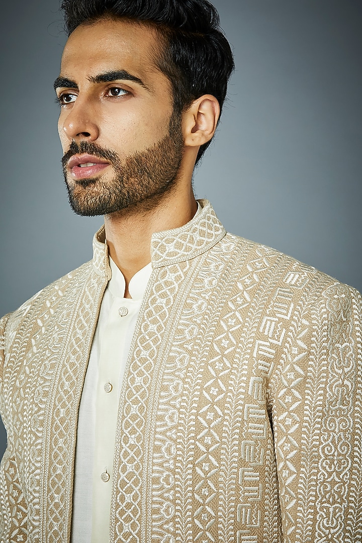 Beige Embroidered Wedding Indowestern Set by Gargee Designers at Pernia's Pop Up Shop
