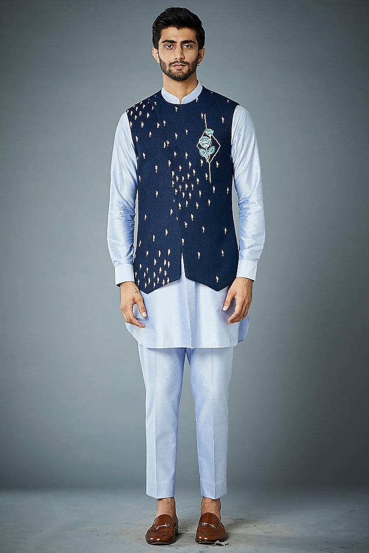 Navy Blue Embroidered Bundi Jacket With Kurta Set by Gargee Designers