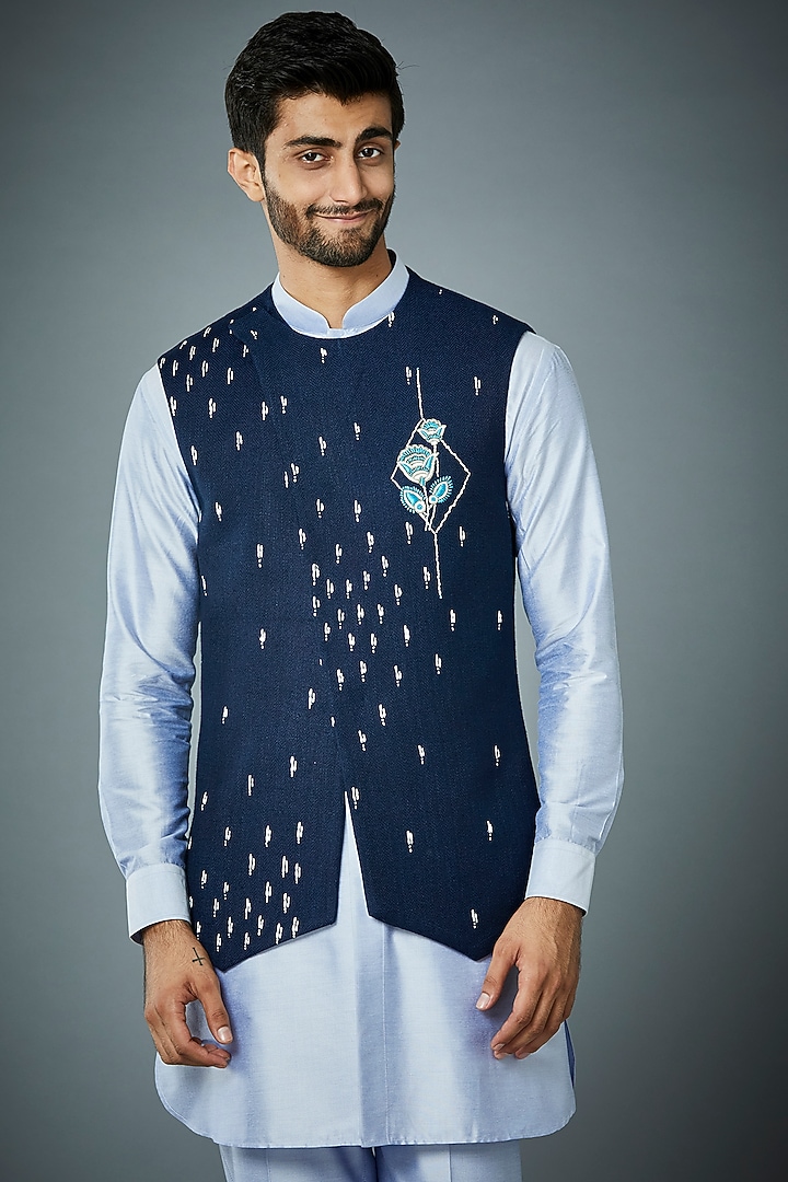 Navy Blue Embroidered Bundi Jacket With Kurta Set by Gargee Designers at Pernia's Pop Up Shop