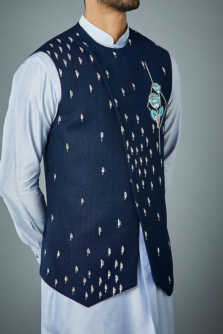 Navy Blue Embroidered Bundi Jacket With Kurta Set by Gargee Designers at Pernia's Pop Up Shop