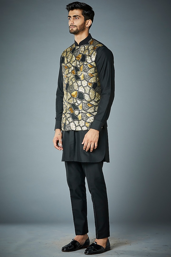 Black Cotton Silk Kurta Set With Bundi Jacket by Gargee Designers