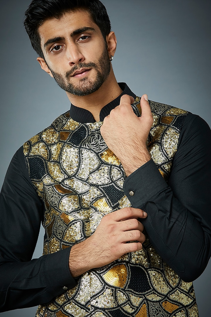 Black Georgette Sequins & Thread Embroidered Bundi Jacket Set by Gargee Designers at Pernia's Pop Up Shop