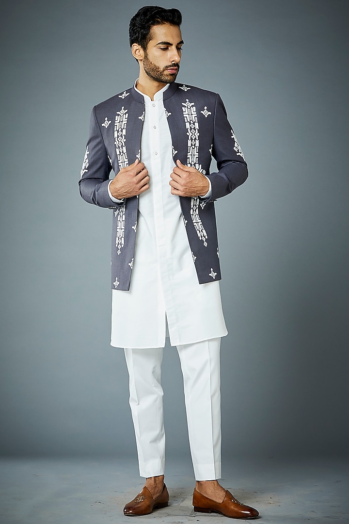 White Cotton Silk Indo-Western Set by Gargee Designers