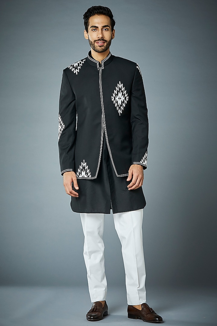 Black Cotton Silk Indowestern Set by Gargee Designers
