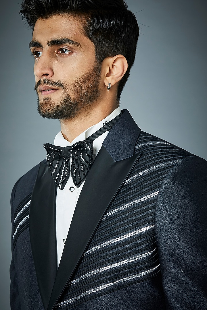 Grey & Black Textured Polyester Tuxedo Set by Gargee Designers at Pernia's Pop Up Shop
